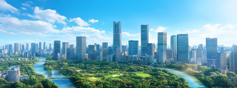 现代化城市高楼与河流绿地相映成趣