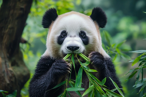 熊猫在户外吃竹叶的可爱模样