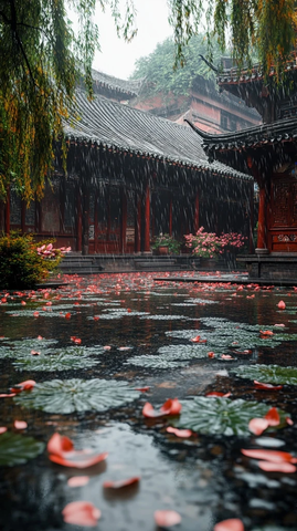 雨中古建筑庭院莲花落满地的唯美景象