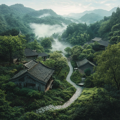 山间古村全景云雾缭绕的世外桃源