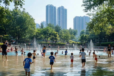 户外喷泉处众多孩子在玩水嬉戏的场景