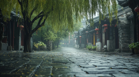 古巷中的青石板路与垂柳相映成趣