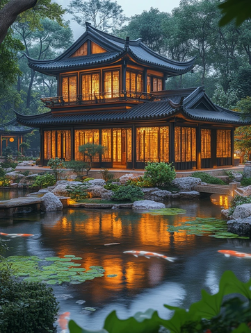 古色古香中式楼阁景观夜景全貌