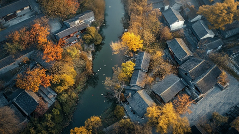 水乡秋景航拍图