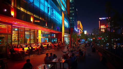 夜晚霓虹灯下热闹的街边餐饮区