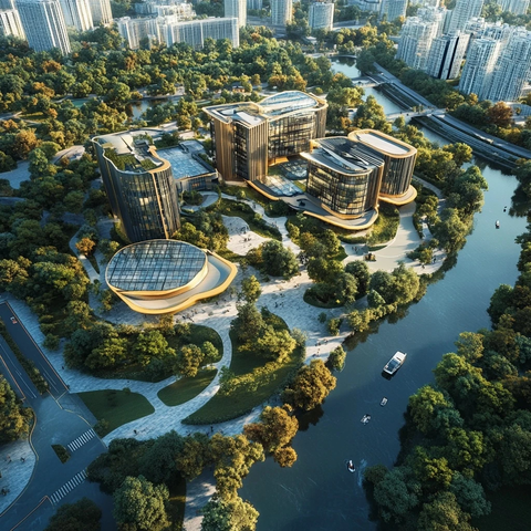 河边现代建筑群鸟瞰全景