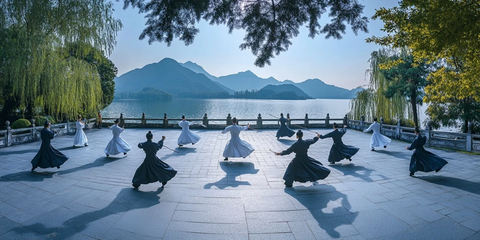 湖边多人练习武术的全景画面