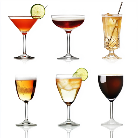 六种不同颜色风格的鸡尾酒杯