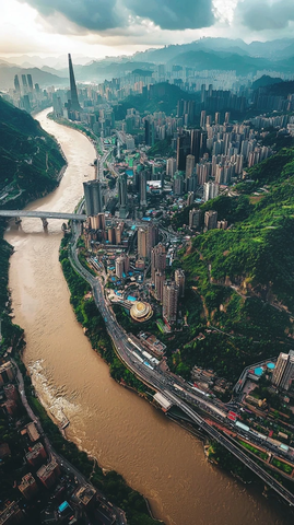 城市河流两岸林立高楼的壮观鸟瞰景象