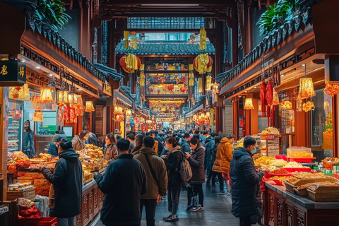 热闹的传统街市人群聚集选购商品