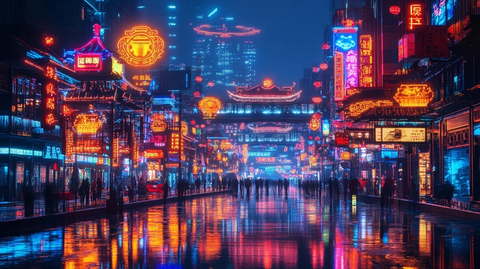 霓虹灯下的热闹街市夜景