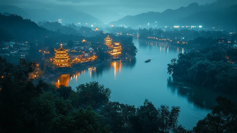 河畔古建筑夜景的唯美全景