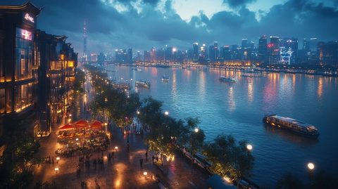 城市夜景河边步道灯火通明人群熙攘