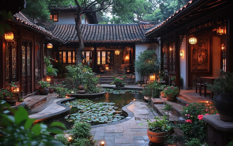 中式庭院夜景灯光绿植营造古朴氛围