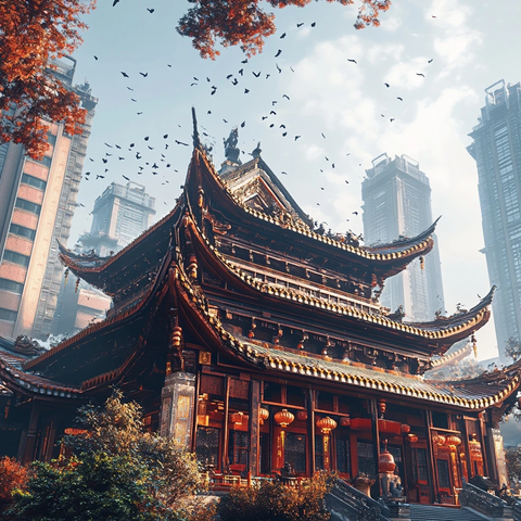 古建筑与现代高楼并存的城市景象