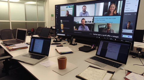 视频会议中的员工与笔记本电脑