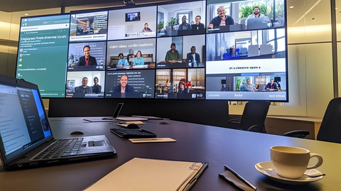 视频会议中的员工与笔记本电脑