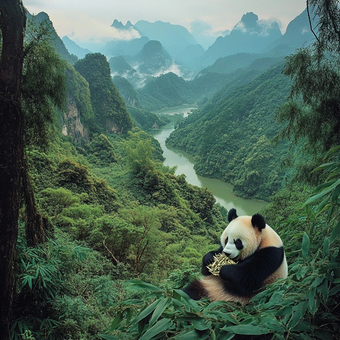 熊猫栖息山林间悠然进食的自然景象