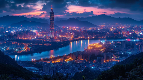 暮色下灯火辉煌的城市夜景全景