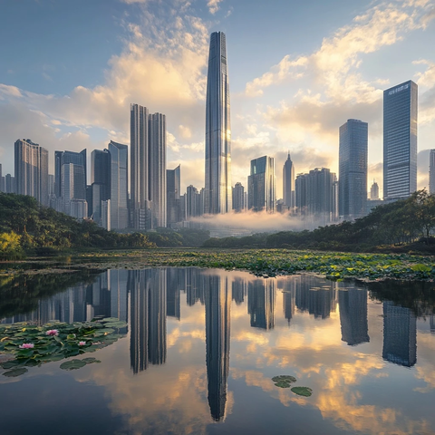 现代都市中宁静湖泊倒映摩天大楼