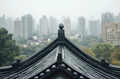 古建筑屋顶视角下的现代城市风光