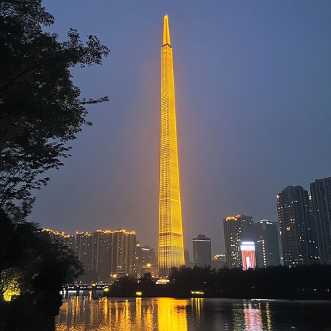 夜色中灯火辉煌的摩天大楼全景