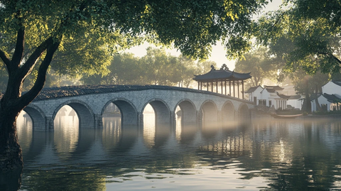 江南水乡带亭子和拱桥的晨景
