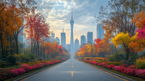 城市中林荫大道与高楼相映成趣的景致