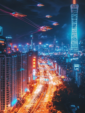 霓虹都市夜景空中有不明飞行物