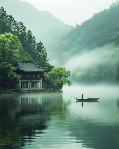 山间湖中小船与岸边房屋的宁静画面