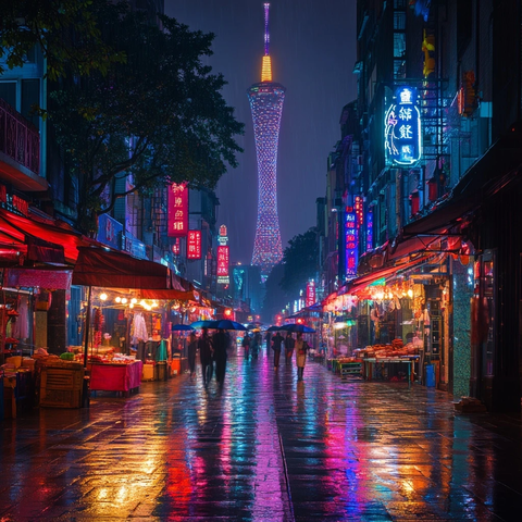 雨夜霓虹下的繁华街道与高塔景象