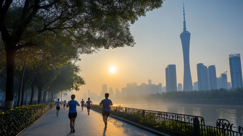 城市河畔晨跑的人们