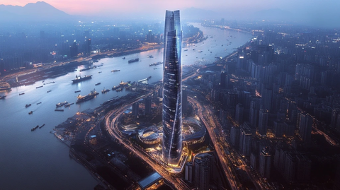 城市摩天大楼与河流夜景鸟瞰全景