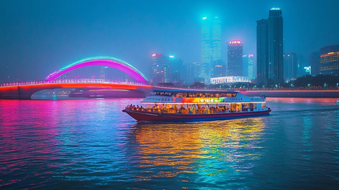 城市夜景下水面游船与霓虹大桥
