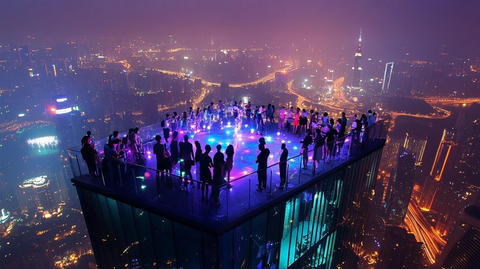 摩天大楼顶层人群聚会夜景俯瞰城市灯火
