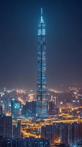 灯火辉煌的城市夜景中高耸的摩天大楼