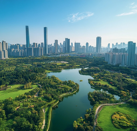 城市中的绿地湖泊与林立高楼相映成趣