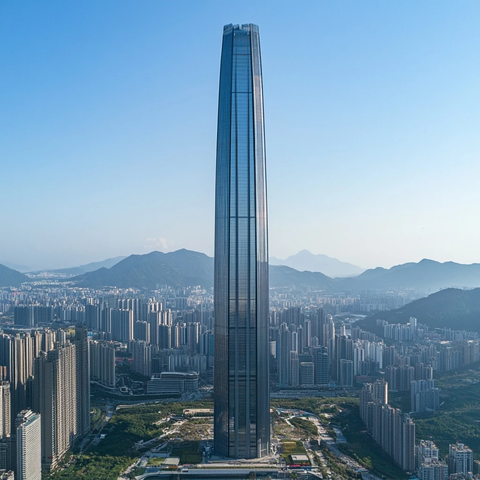 城市中高耸入云的摩天大楼全景图