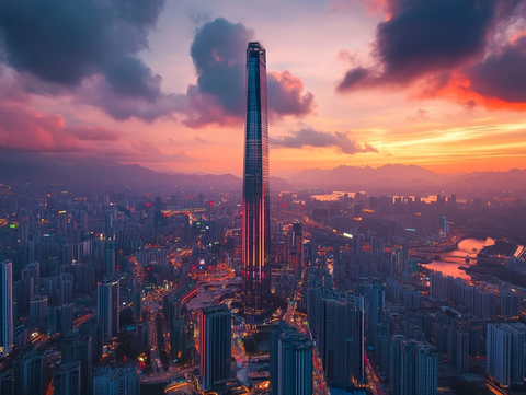 城市天际线处的摩天大楼鸟瞰全景