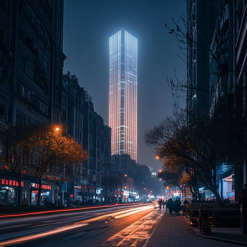 夜晚街道旁的高楼建筑