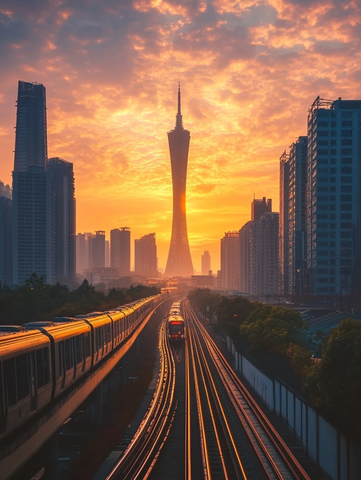 城市轨道交通与地标建筑的日出景象