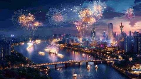 城市夜景中绚烂多彩的烟花秀