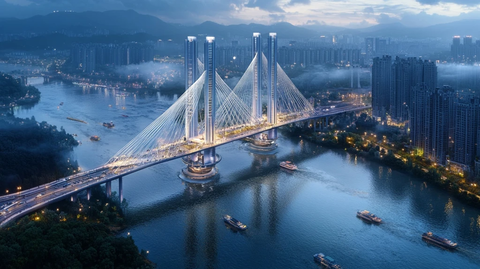 城市河流上的现代化斜拉桥夜景