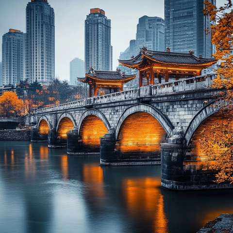 现代都市中的传统中式廊桥夜景