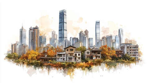 现代都市中高楼与老式建筑并存的景象