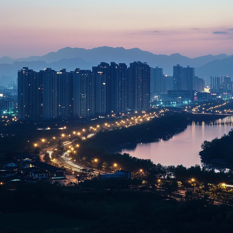 城市暮色下的湖畔高楼夜景