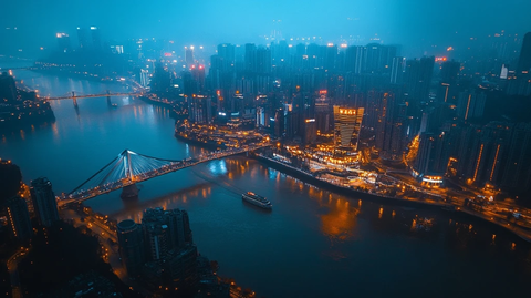 航拍城市夜景灯火辉煌河流桥梁交错