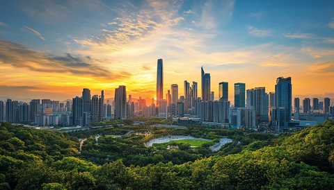 日落时分城市天际线鸟瞰全景