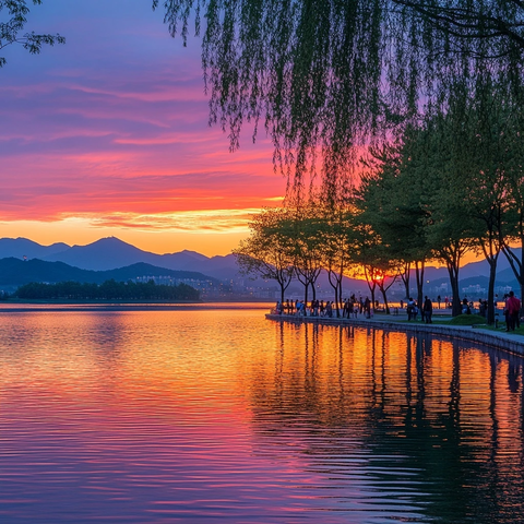 湖畔步道赏绚丽日落美景