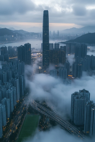 云雾中的城市高楼鸟瞰全景